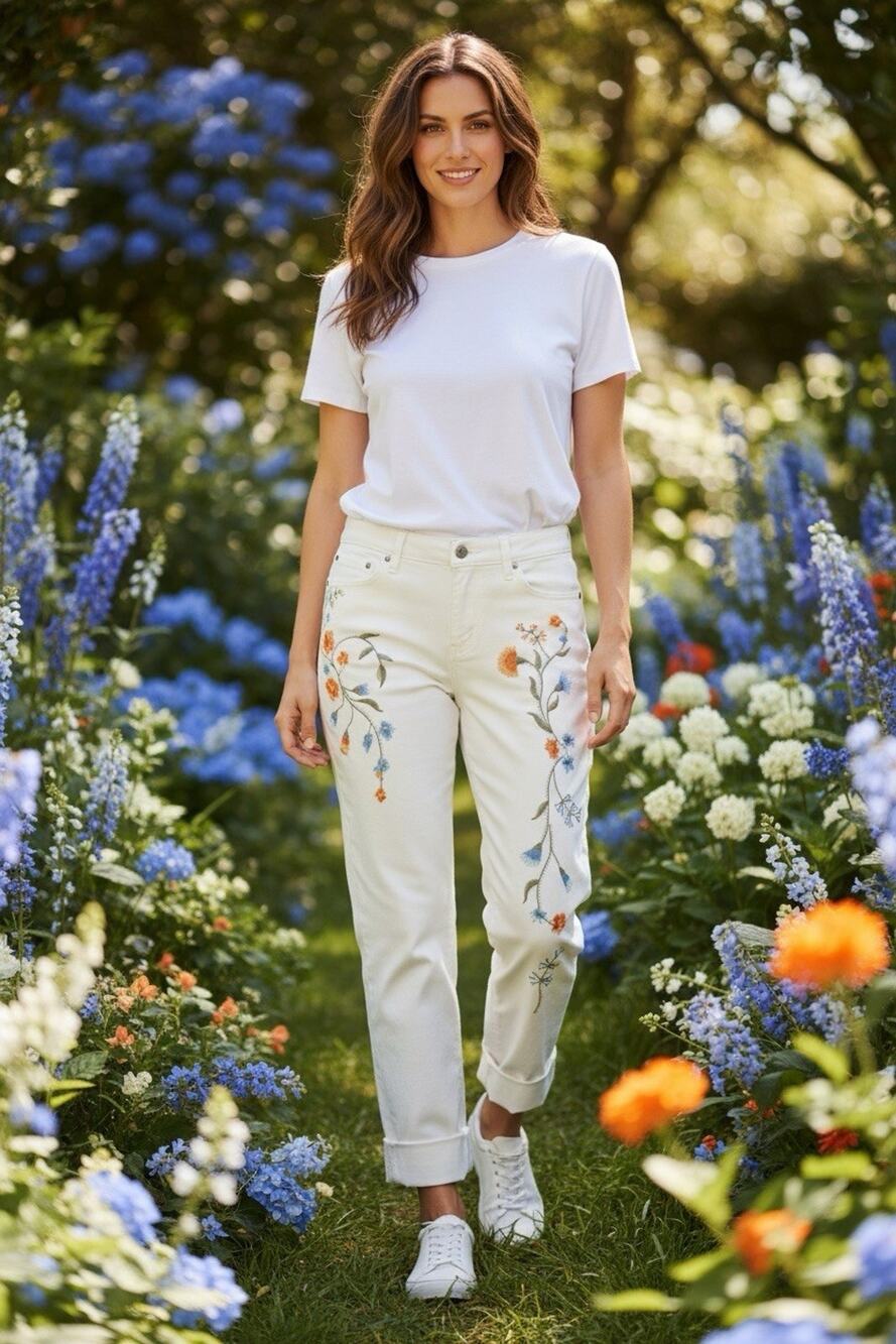 Bandolino Lisbeth Women's 12 White Denim Curvy Skinny Crop Floral Jeans Boho